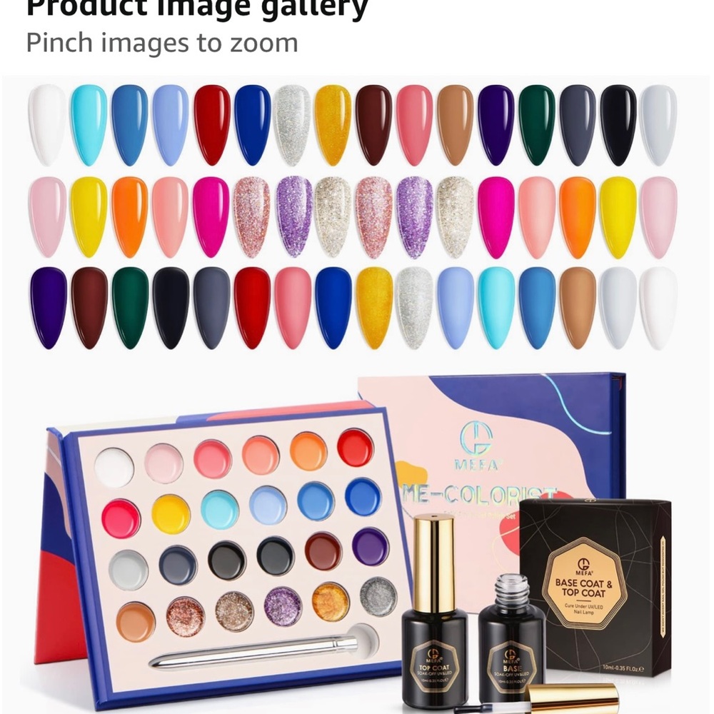 Mefa solid gel nail polish kit. 24 cream gel polishes. Also has glitter paints.